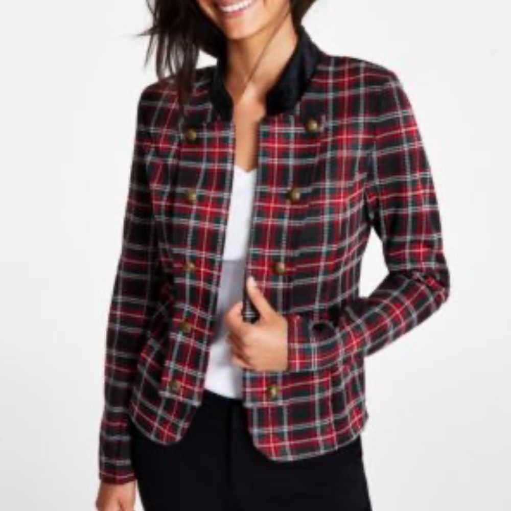NWT Tommy Hilfiger Red Plaid Tartan Band Preppy Blazer Jacket Size Large